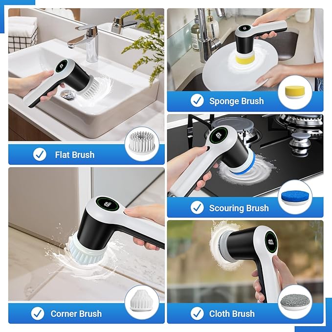 Electric Spin Scrubber, Cordless Shower Scrubber with Battery Level Display, 2 Speeds Electric Scrubber for Cleaning with 6 Replaceable Heads, Cleaning Brush for Bathroom/Sink/Window