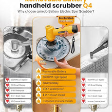 qimedo Battery Electric Spin Scrubber Q4, 800RPM Handheld Scrubber for Cleaning with Display, Power Dish Scrubber with 5 Heads, Shower Cordless Cleaning Brush for Bathroom/Sink/Window
