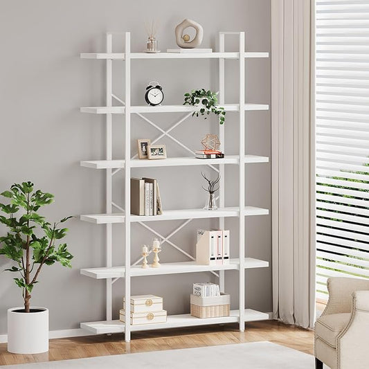 HSH 6 Tier Tall White Bookshelf, Industrial Modern Vertical Metal and Wood White Bookcases 6 Shelf,Farmhouse Open Large Storage Book Shelves & Display Book Shelf for Bedroom Living Room Office