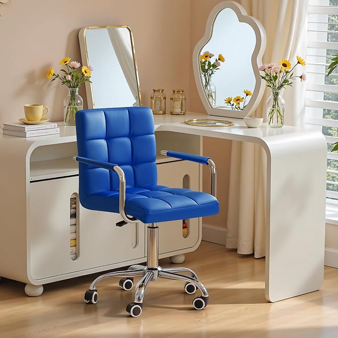 Furmax Mid-Back Office Task Chair Ribbed PU Leather Executive Chair Modern Adjustable Home Desk Chair Retro Comfortable Work Chair 360 Degree Swivel with Arms (Blue)