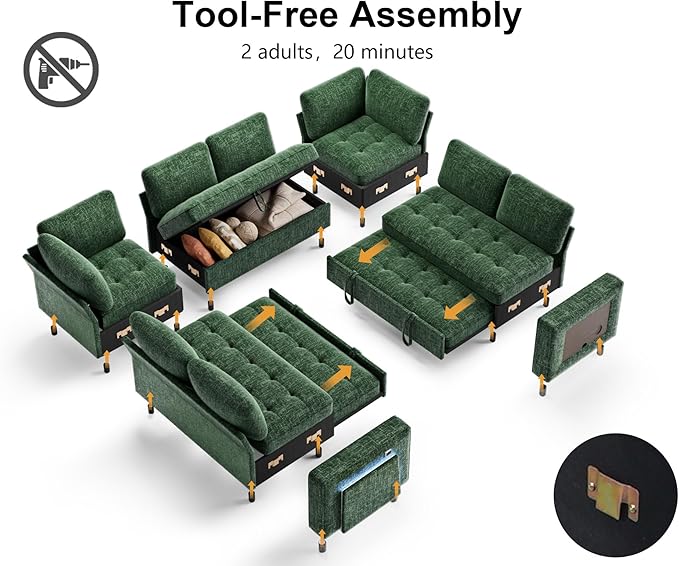 WEUP 8 Seat U Shaped Sectional Sleeper Sofa Bed with Pull Out Bed, Chenille Sectional Sleeper Couch with Adjustable Backrest, USB Ports, LED, Side Table, Tool-Free Assembly, Chenille Green