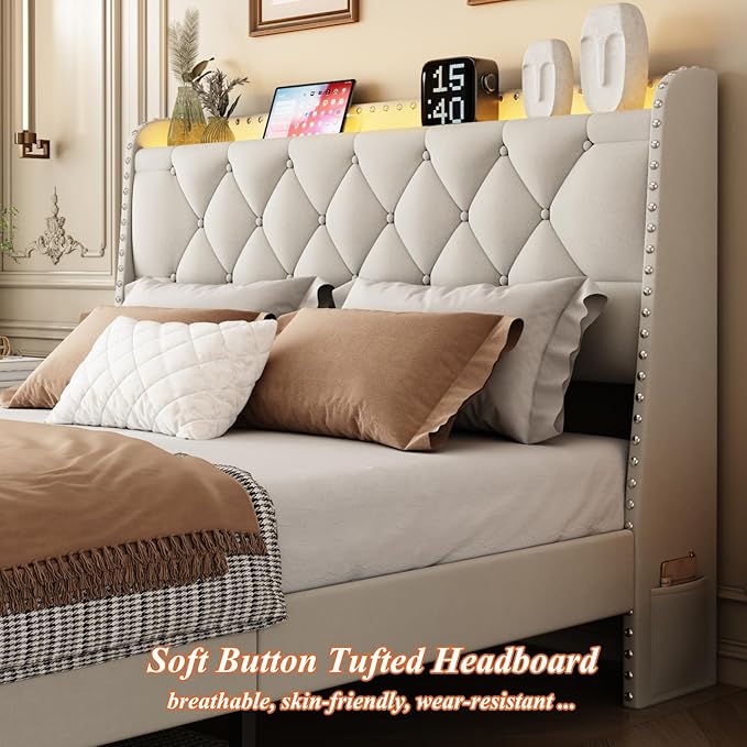 Queen Bed Frame with Storage Headboard and 2 Drawers, Upholstered Button Tufted Platform Bed Frame Queen Size with LED Lights, Charging Station, No Box Spring Needed, Noise Free, Easy Assembly, Beige