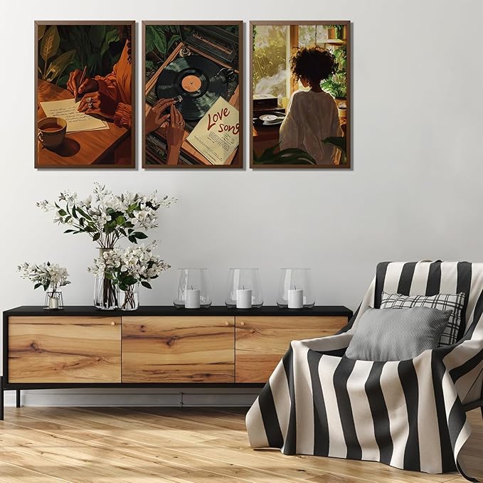 XLYFVLGF 3Pcs Black Women Canvas Wall Art African American Pictures Wall Decor Black Girl Painting Fashion Abstract Prints for Bedroom Bathroom Living Room Home Decoration 16x24in