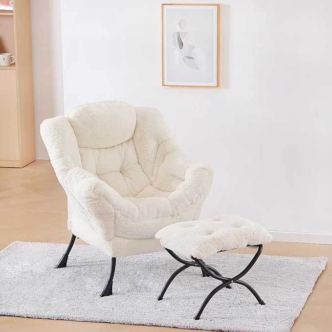 Plush Lazy Chair and Ottoman, Large Contemporary Accent Lounge Chair with Armrests and a Side Pocket, Modern Leisure Upholstered Sofa Reading Armchair with Footrest for Bedroom, Living Room