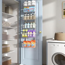 12 Inch Wide Narrow Over The Door Pantry Organizer, Pantry Organization and Storage, 6-Tier Metal Hanging Deep Basket Wall Spice Rack Seasoning Shelves, Home & Kitchen Essentials, White