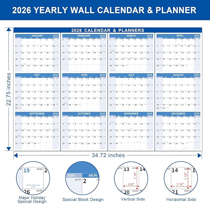 22.7" x 34.72" 2026 Wall Calendar, Folded Wet & Dry Erase Wall Calendar 12 Month, Yearly Laminated Wall Calendars, Reversible Annual Planner, Horizontal/Vertical, with Julian Dates