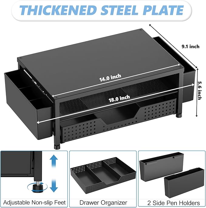 OPNICE Desk Organizer and Accessories, 2-Tier Computer Monitor Stand Riser with Drawer and 2 Pen Holders, Laptop Stand, Office Desk Accessories for Office Supplies, Black – Hot Seller