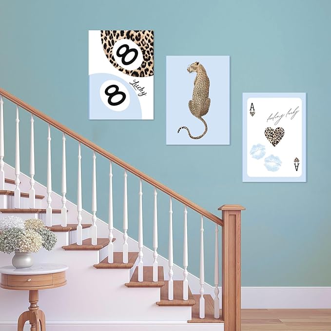 Trendy Leopard Canvas Wall Art Set of 3,Blue Cheetah Y2k Wall Decor Paintings,Funky Lucky You 8 Ball Posters Prints Pictures for Girls Room Dorm Apartment Living Room Home Decor 12x16 Inch Framed