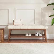 LEILISI Entryway Shoe Bench with Storage, End of Bed Bench, Linen Upholstered Button-Tufted Seat Bench with Solid Wood Frame for Living Room, Bedroom (Beige, 43.3'')