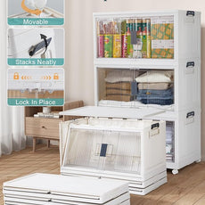 OlarHike 97QT Stackable Storage Bins with Lids - Folding Storage Box with Doors and Wheels, Collapsible Plastic Storage Drawers for Closets, 3 Pack Cubes, Christmas Gifts for Family