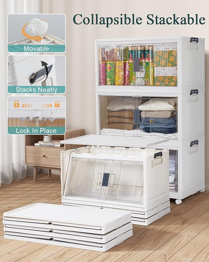 OlarHike 97QT Stackable Storage Bins with Lids - Folding Storage Box with Doors and Wheels, Collapsible Plastic Storage Drawers for Closets, 3 Pack Cubes, Christmas Gifts for Family