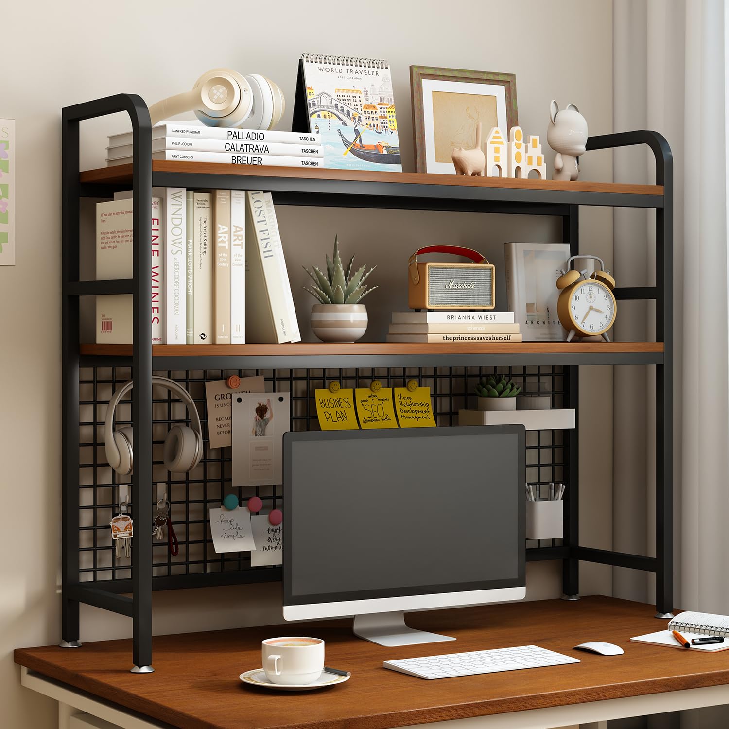 IOTXY 2-Tier Desktop Hutch Bookshelf - Metal Desk Shelf Bookcase with Grid Panel, Countertop Storage Organizer Rack for Dorm or Office, White, 37.4" W