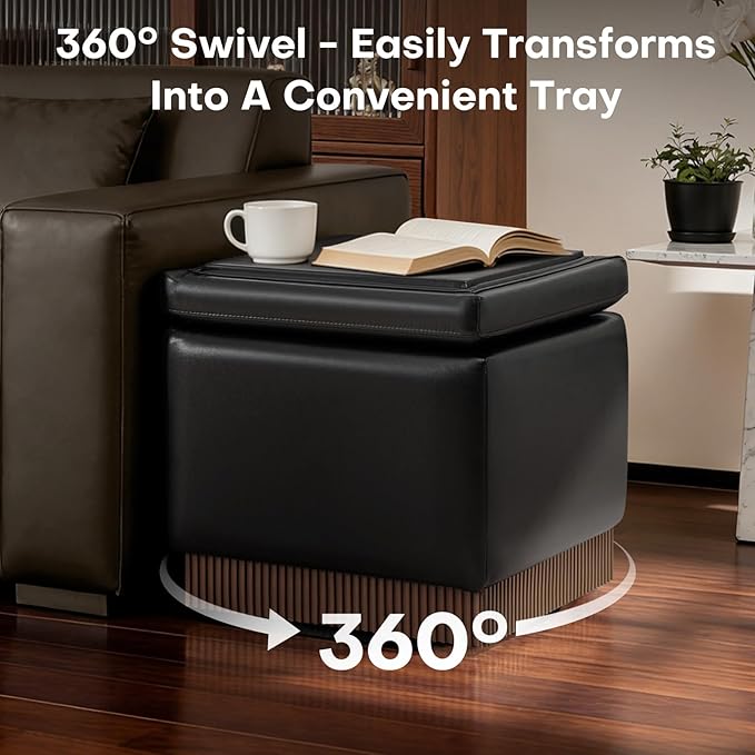 Square Ottoman with Storage,Swivel Vanity Stool-Faux Leather Foot Rest,Upholstered Footstool Pouf with Sturdy Acacia Wood Frame(500lbs),Small Coffee Table & Hidden Storage for Living Room