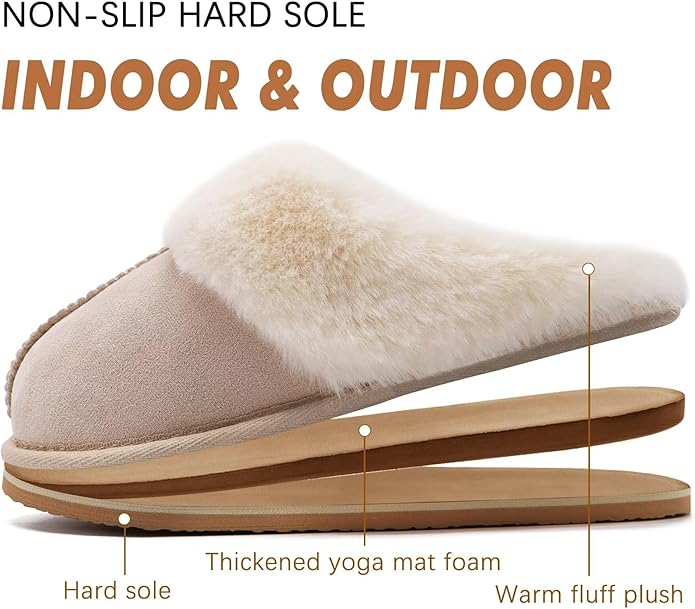 KuaiLu Womens Fluff Dual Memory Foam Slippers Ladies Cozy Arch Support Warm Scuff Slippers Slip on Comfy Winter House Shoes with Non-Slip Indoor Outdoor Hard Sole