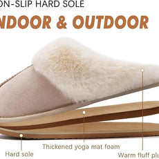KuaiLu Womens Fluff Dual Memory Foam Slippers Ladies Cozy Arch Support Warm Scuff Slippers Slip on Comfy Winter House Shoes with Non-Slip Indoor Outdoor Hard Sole