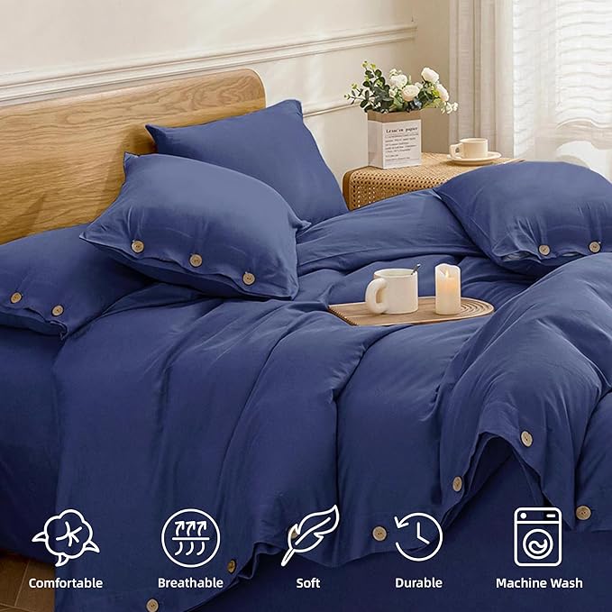 JELLYMONI Cotton Duvet Cover Queen Size - Navy Blue Comforter Cover with Button 100% Washed Cotton 3PCS Breathable Soft Solid Bedding Set Duvet Cover 90×90in & 2 Pillowcases (NO Comforter)