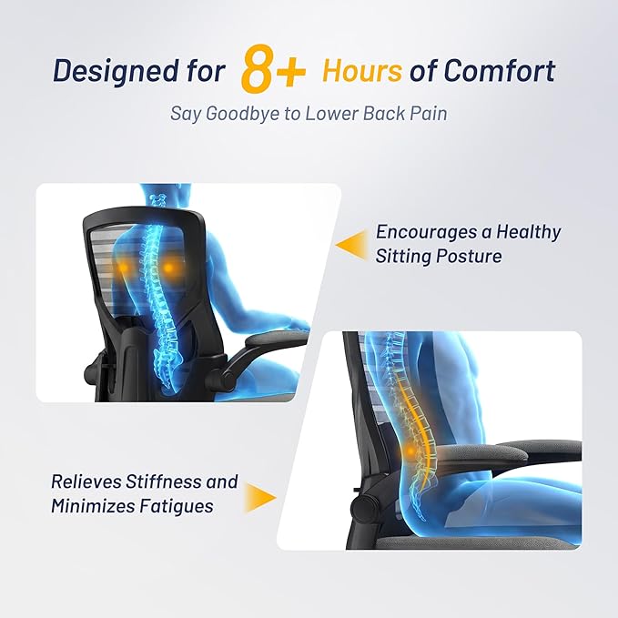 Office Desk Chair for Long Hours & Lower Back Pain Relief – 4“ Thick Molded Foam Cushion, Enhanced Lumbar Support, Padded Flip-up Armrests, Dark Gray