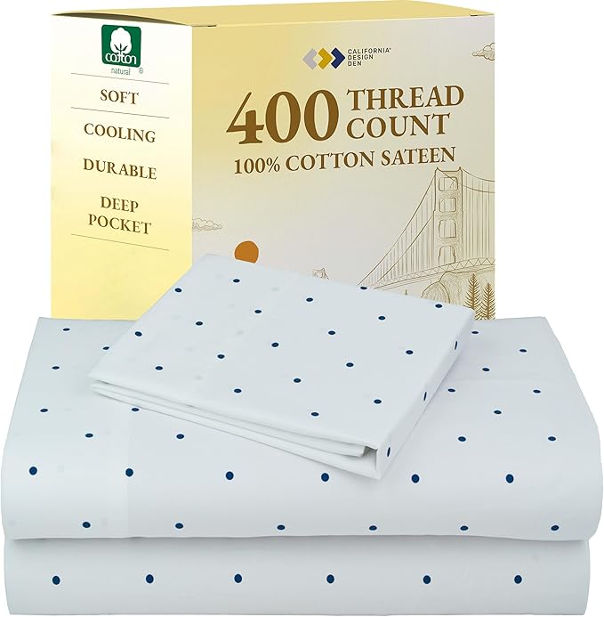 California Design Den Deep Pocket Twin Sheets Set - 400 Thread Count Sateen, Natural 100% Cotton Sheets, and Durable Bedding Set - Polka Dot CaliforniaDesignDen