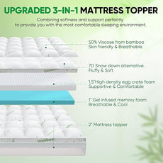 Queen Mattress Topper, 3 in 1 Memory Foam Mattress Topper for Back Pain, 2