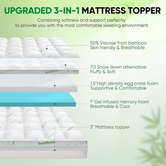 King Mattress Topper, 3 in 1 Memory Foam Mattress Topper for Back Pain, 2" Fluffy Cooling Mattress Toppers King Breathable Viscose Made from Bamboo and 2.5" Dual Firmness Gel Memory Foam.