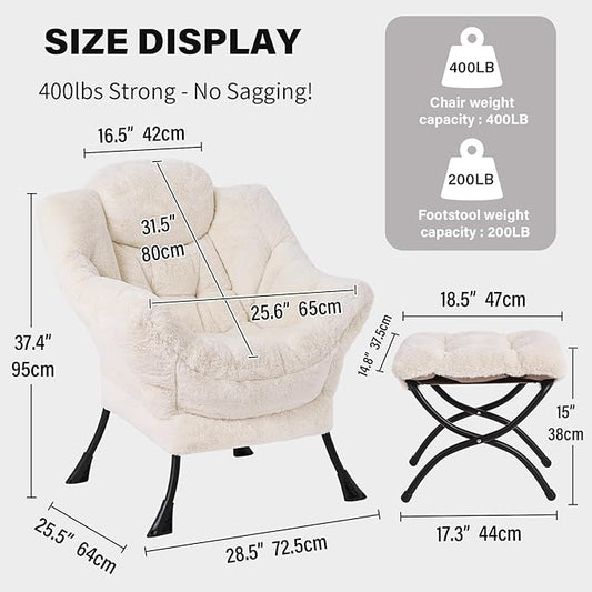 Tiita Lazy Chair with Ottoman, Modern Large Accent Lounge Armchair, Comfy Leisure Sofa Reading Chair with Footrest for Bedroom, Living Room, Dorm Rooms, Garden and Courtyard, Plush Beige