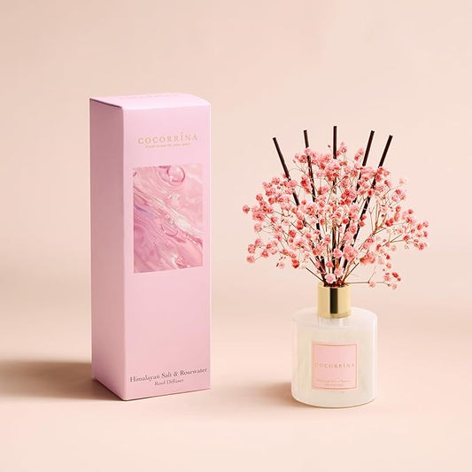 COCORRÍNA Reed Diffuser - Himalayan Salt & Rosewater 6.7 Fl.oz Reed Diffuser Set with Sticks & Preserved Baby's Breath, Reed Diffuser for Home Bathroom Shelf Decor