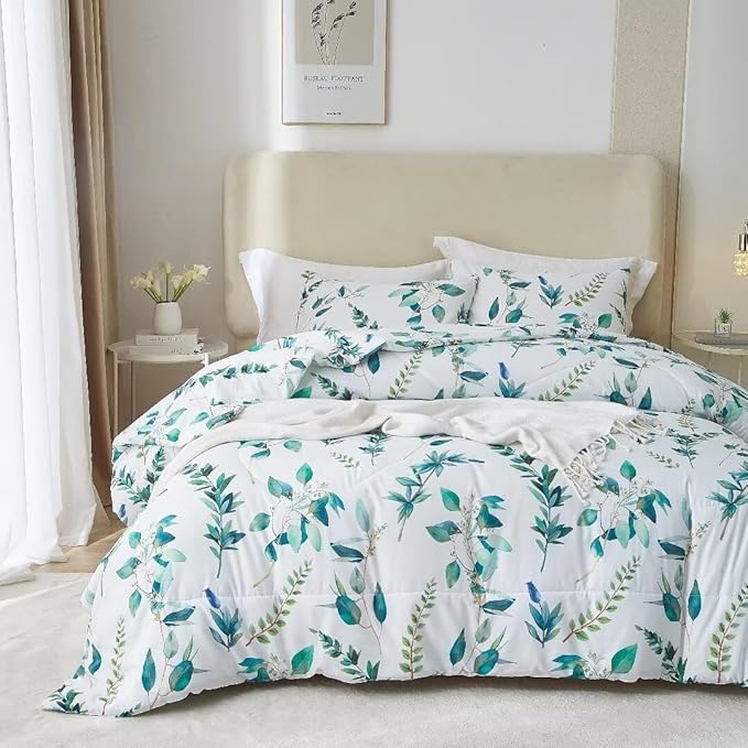 MKXI Rustic Floral Comforter Set White and Blue Full Size Botanical Bedding Comforters Branch Floral Duvet Lightweight Turquoise Leaves Pattern Aesthetic Bed Set 1 Comfortert + 2 Pillowcases