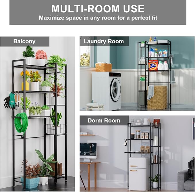 31.5" Wide Over The Toilet Storage, Solid Wood Over Toilet Bathroom Organizer with Paper Holder, Hooks, Side Shelf, 7-Tier Metal Over Toilet Shelves Rack for Laundry, Dorm Room, Balcony, Black