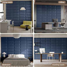 Blue Wall-Mounted Upholstered Headboard Panels, 24x12 Inches, Set of 6, Faux Leather, DIY Peel-and-Stick, Soundproof and Impact-Resistant Padding for Queen, King, or Adjustable Beds, Modern Décor