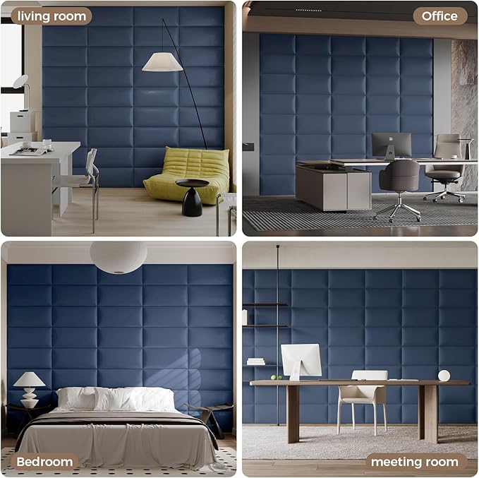 Blue Wall-Mounted Upholstered Headboard Panels, 24x12 Inches, Set of 6, Faux Leather, DIY Peel-and-Stick, Soundproof and Impact-Resistant Padding for Queen, King, or Adjustable Beds, Modern Décor