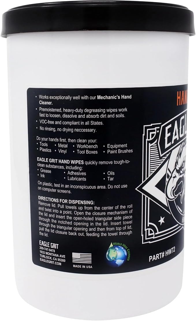 Eagle Grit Heavy Duty Cleaning Wipes – 72 XL Pre-Moistened Degreasing Hand & Tool Wipes – 10”x12” Industrial Strength Shop Towels – Removes Grease, Oil, Ink, Adhesives & Grime – USA Made