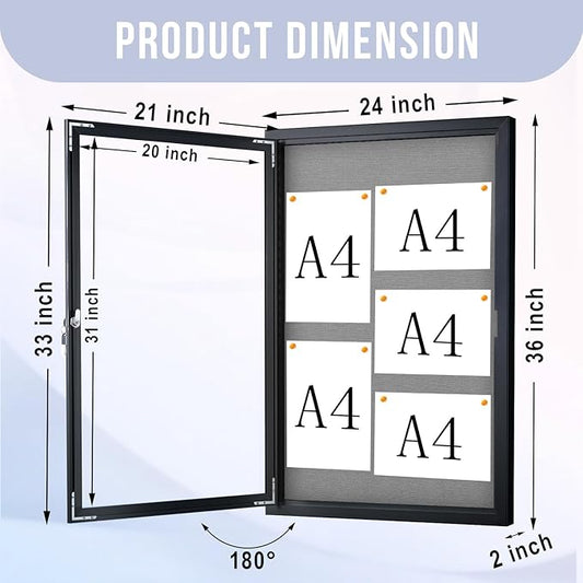 Enclosed Bulletin Board 36"x24" Outdoor Weatherproof Cork Noticeboard with Locking Door Wall-Mounted Gray Fabric Black Aluminium Frame for Home, School, Office, Community, Hospital