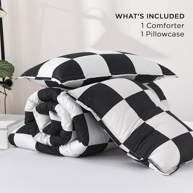 Andency Checkered Comforter Full(79x90Inch), Black White Plaid Gingham Bed Set for Teen Boys Kids, Lightweight Microfiber Geometric Preppy Bedding, 3 Pieces