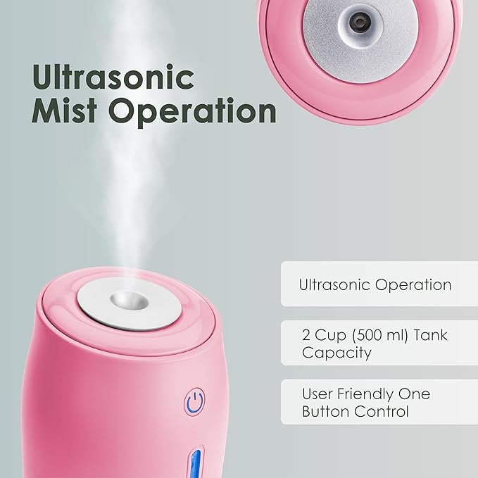 Aqua Glo Personal, Portable Humidifiers for Bedroom – Ultrasonic Cool Mist Humidifier with Built In Rechargeable Battery. Air Humidifier for Baby, Plants, Home, Office, Travel. Rose Quartz