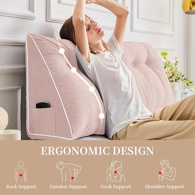 Sasttie Headboard Pillow Twin/Twin XL, Wedge Pillow Headboard for Dorm, Triangular Daybed Backrest Cushion for Sitting or Reading in Bed, with Removable Washable Cover, Light Pink