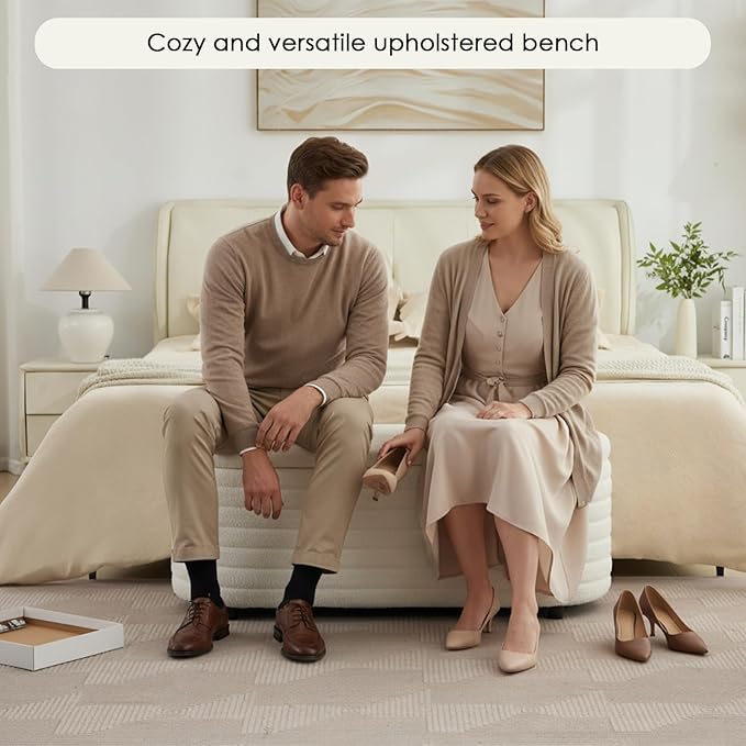 Storage Teddy Ottoman Bench Upholstered Fabric Storage Bench End of Bed Stool with Safety Hinge for Bedroom, Living Room, Entryway, Closet(44.5", White)