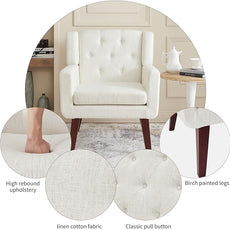 Accent Chair Button-Tufted Upholstered Living Room Chairs Comfy Reading Chair Mid Century Modern Chair with Linen Fabric Lounge Arm Chairs for Living Room Bedroom (Beige Set of 2)
