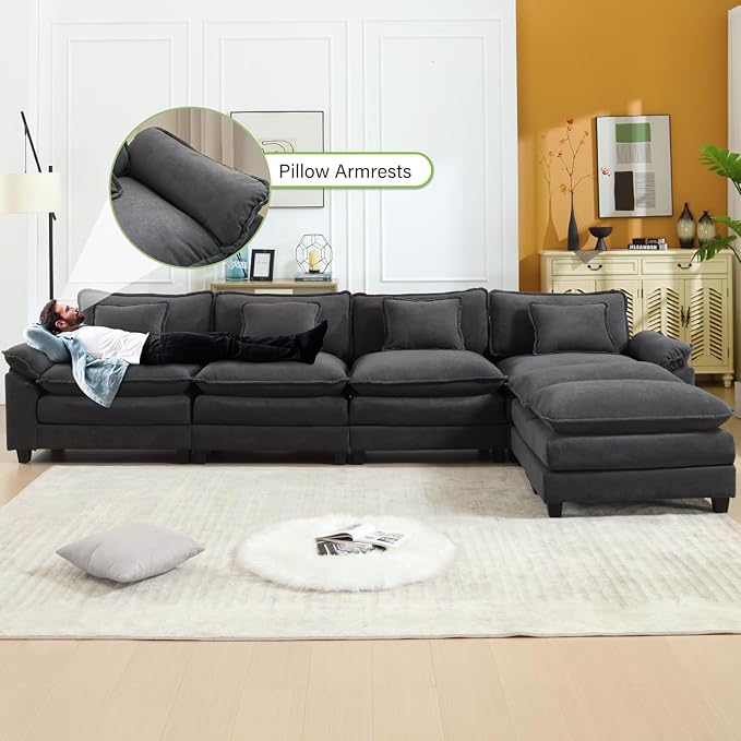 154" Modular Sectional Sofa, Comfy Cloud Couch Sectional Sofa with Ottoman, Velvet Sofa Sleeper Deep Seat Sofa with Throw Pillows for Living Room (Blue Gray, 154"- U Shape)