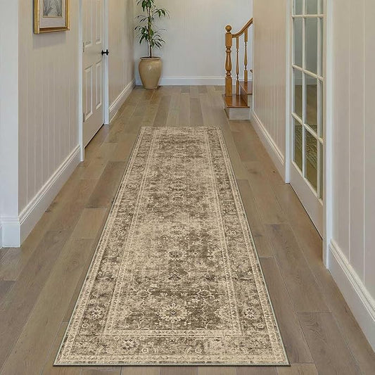 3x8 Washable Runner Rug for Kitchen Hallway Brown Vintage Non-Slip Low Pile Distressed Rustic Carpet Lightweight Vacuumable Soft Long Throw Rug for Indoor Entryway Bedroom