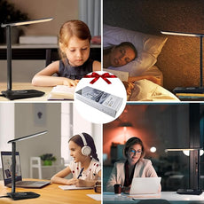 Desk Lamp, Desk Light with Wireless Charger, USB Charging Port, Dimmable Office Desk Lamp with Clock, Alarm, Date, Temperature, Foldable Table Lamp for Table Bedroom Bedside Office (Black PRO)
