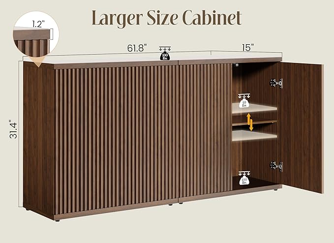 Fluted Buffet Cabinet Sideboard with Storage,Wooden Credenza with 2 Doors&Adjustable Shelve, Modern Accent Cabinets Coffee Bar Bookcase for Living Room,Kitchen Dining Room Entryway 15"D Brown