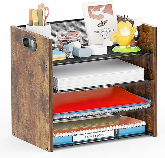 Wood Desk Organizer - 4-Tier Desktop File Organizer, Wooden Paper Organizer, Office Desk Organizer for Papers, Mail, Notebooks, Stationery