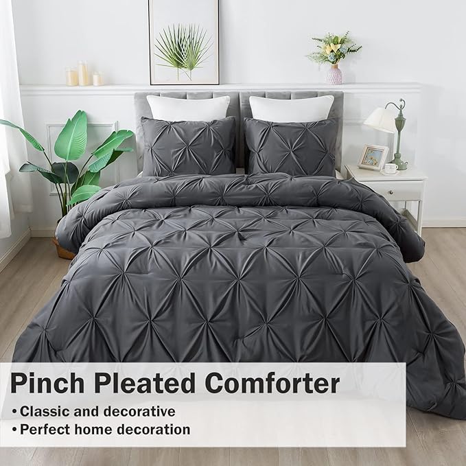 Andency Dark Gray Oversized King Comforter Set (120x98Inch), 3 Pieces Lightweight Pinch Pleat Cal King Bedding Comforters & Sets, Oversized Pintuck Soft Fluffy Down Alternative Bed Set for All Season