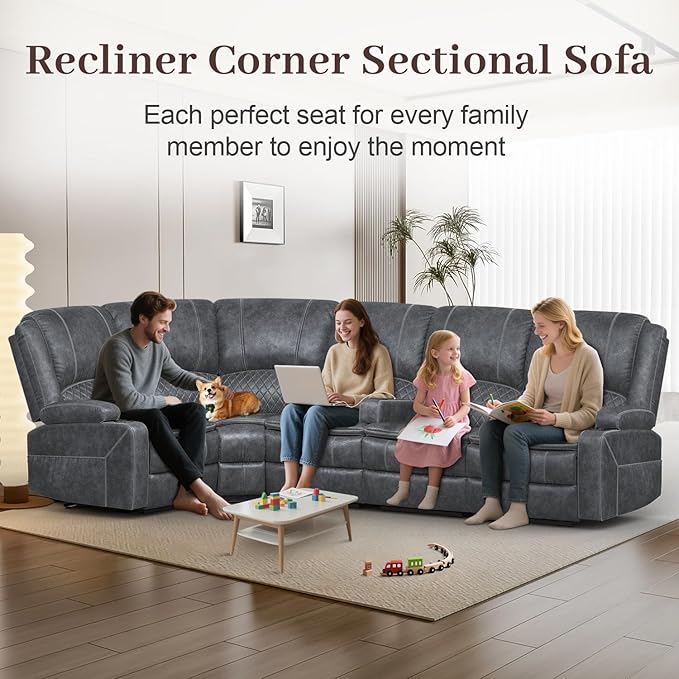 Manual Reclining Sectional Sofa Set, 5 Seats 1+1+3 Dutch Velvet Reclining Corner Sectional Couch, Family-Sized L-Shaped Recliner Couch with USB Charging, Thickened Padding, Sturdy Frame, Grey
