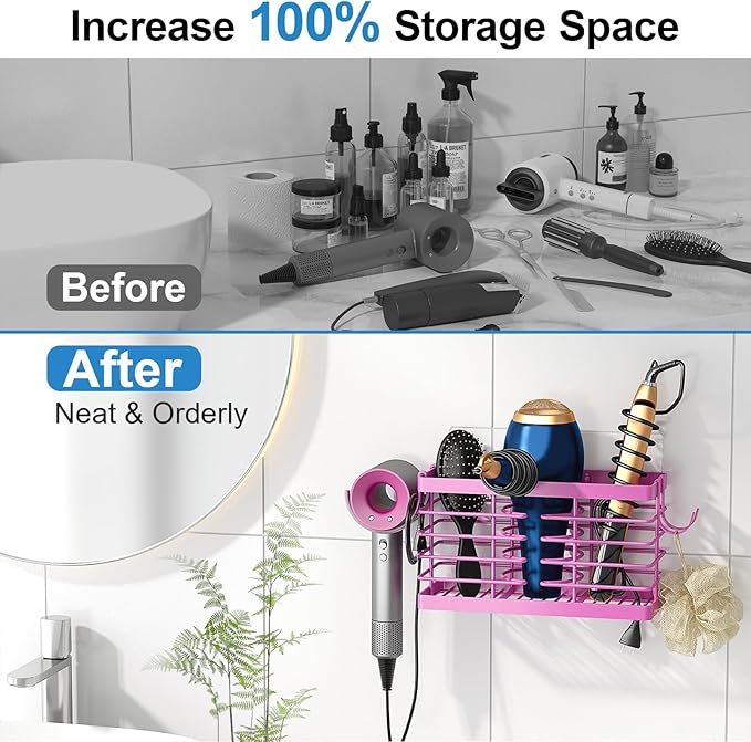 Hair Tool Organizer, 3-in-1 Universal Hair Dryer Holder, Adjustable Height Metal Blow Dryer Holder Wall Mounted/Over Cabinet Door/Free-Standing (Pink)