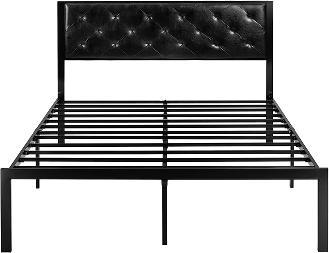 SHA CERLIN Full Size Metal Platform Bed Frame, PU Leather Upholstered Button Tufted Headboard, Mattress Foundation with 12.4” Under-Bed Storage, Noise-Free, Easy Assembly, No Box Spring Needed, Black