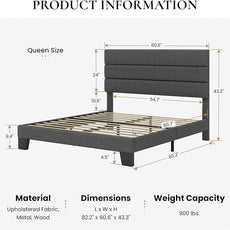 SHA CERLIN Queen Platform Bed Frame with Upholstered Fabric Headboard, Mattress Foundation with Strong Wooden Slats Support, No Box Spring Needed, Grey