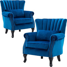Accent Chairs Set of 2 with Arm Comfy Living Room Chair Mid-Century Modern Wingback Side Chair Velvet Single Sofa Couch for Bedroom Guest Room, Blue