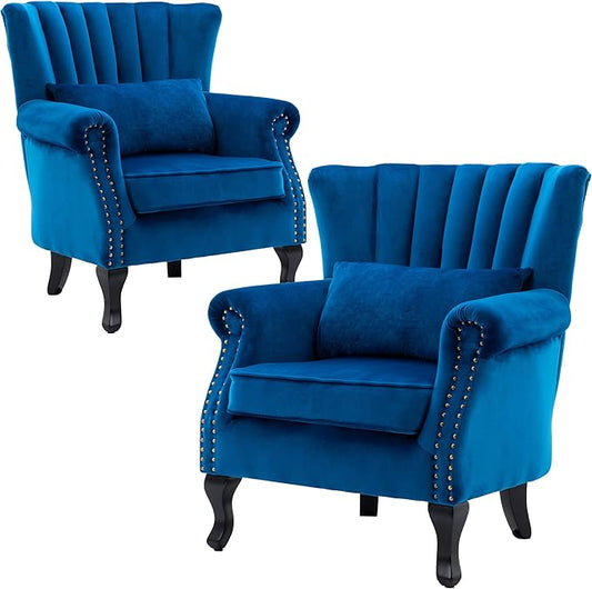 Accent Chairs Set of 2 with Arm Comfy Living Room Chair Mid-Century Modern Wingback Side Chair Velvet Single Sofa Couch for Bedroom Guest Room, Blue