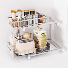 Under Sink Organizer Storage Heavy Duty Metal Slide Out Sink Shelf Organizer Height Adjustable, Multi-Purpose Storage Shelf for Kitchen Bathroom (Silver,1Pack)